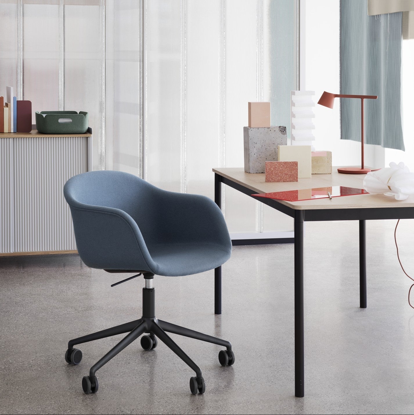 Fiber Arm Chair, Swivel Base With Casters and Gas Lift, Natural White Seat, White Base and White Castors