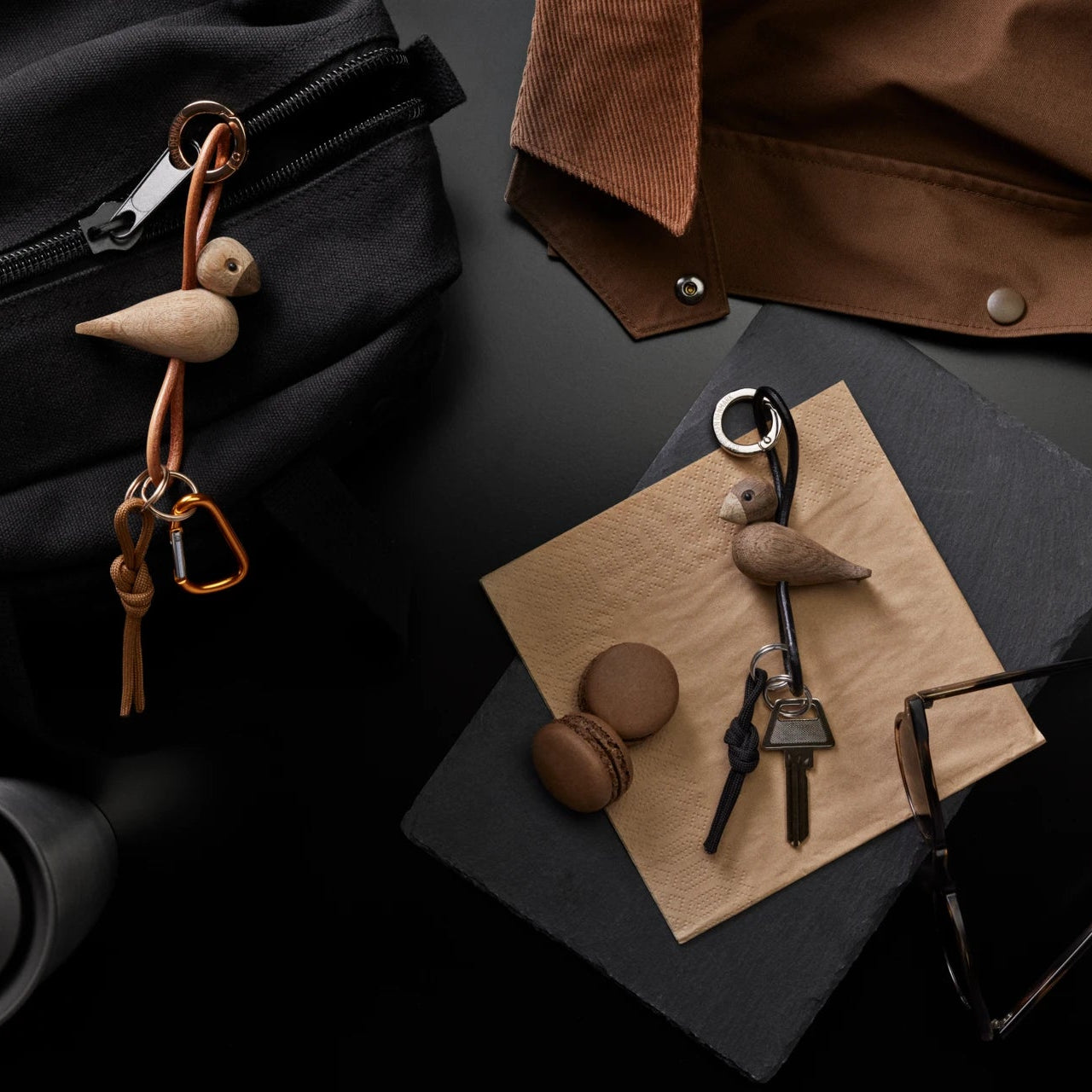 Bird Golden Metal Keychain with Natural Leather Oak