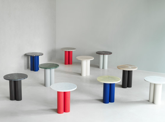 Dit Table Bright Blue, Travertine Silver Top