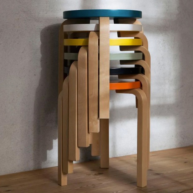 Artek Stool 60, Legs Natural Lacquered, Seat Yellow Lacquered