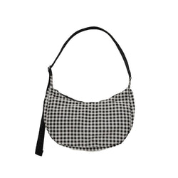 Medium Nylon Crescent Bag, Black + White Gingham