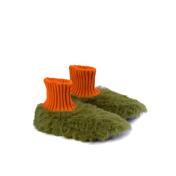 Fur Knit Sock Slippers - Moss