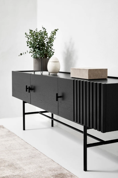 Array Low Sideboard (150 cm), Black Painted Oak with Black Painted Metal Legs