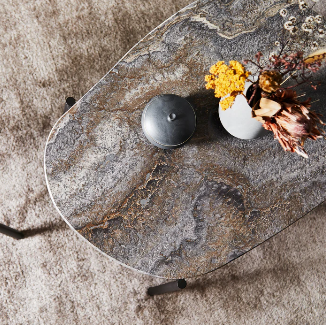 La Terra Occasional Table (Medium), Grey Melange Travertine Top With Black Painted Metal Legs