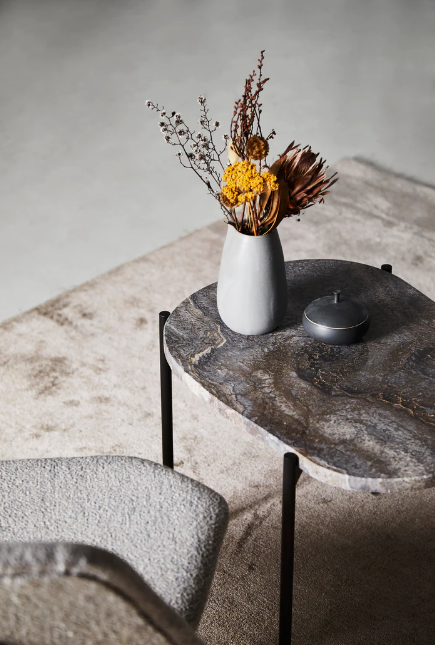 La Terra Occasional Table (Medium), Grey Melange Travertine Top With Black Painted Metal Legs